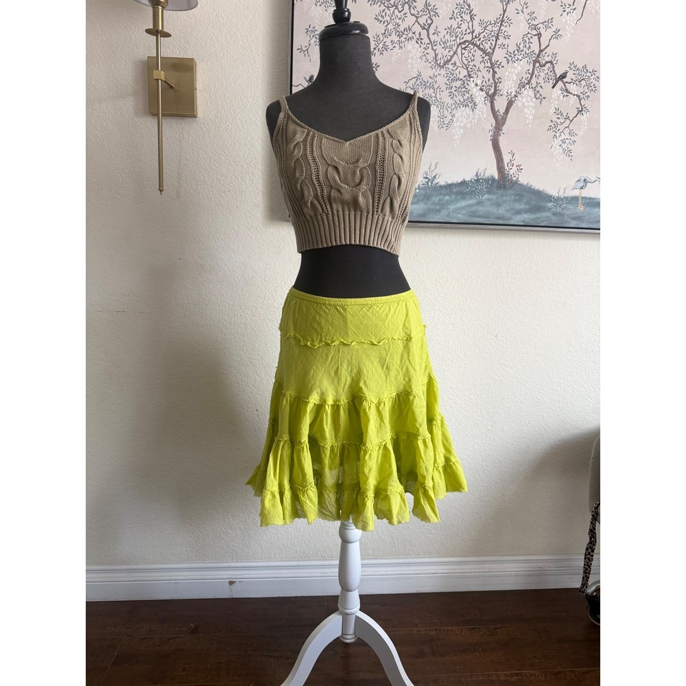 Overdrive Womens Lime Green Tiered Ruffle Mini Skirt Cotton Boho Size S